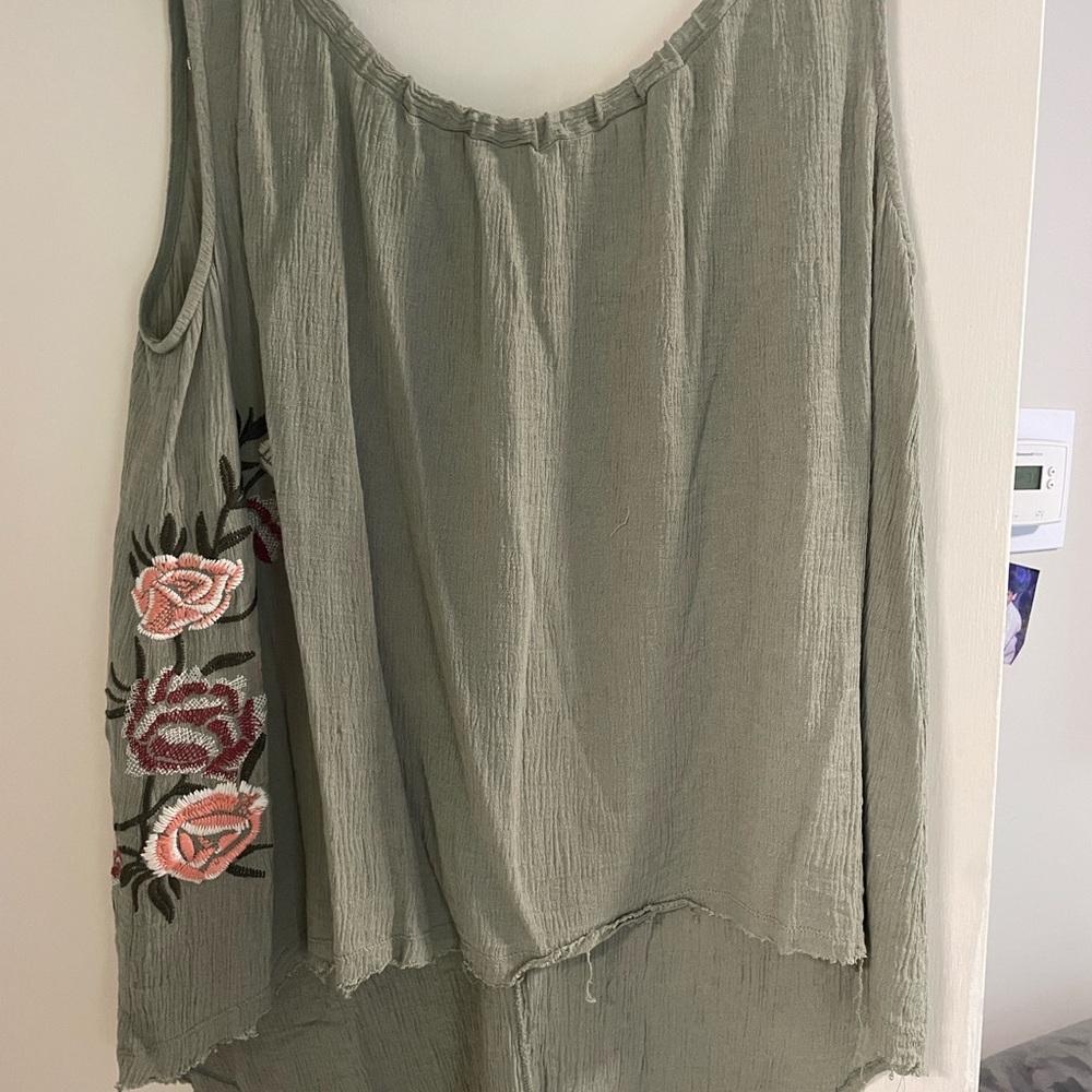 XCVI Sage Green Tank Top with Floral Embroidery